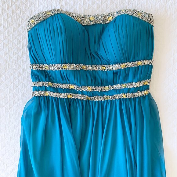 La Femme Strapless Beaded Gown Teal - Picture 6 of 14